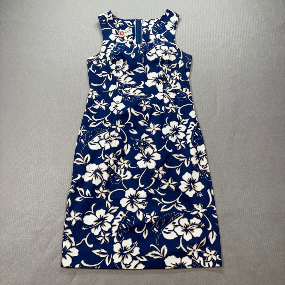 Hilo Hatties Sheath Dress Womens 6 Blue White Hibiscus Floral‎ Cotton Hawaii